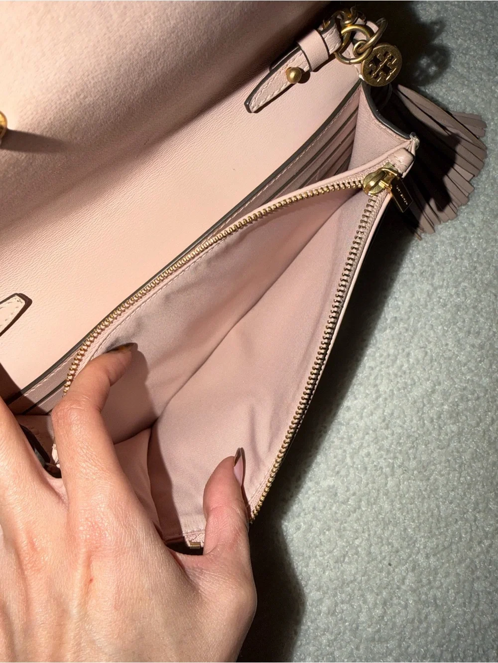 Tory Burch Quilted Crossbody in Dusty Rose with Gold Chain